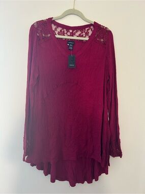 TORRID Size 2X Women's Lace-Yoke Long Sleeve Top in Burgundy